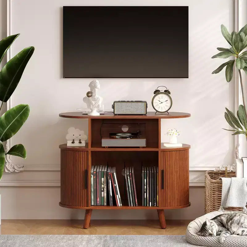 35'' geriffelter Plattenspielerschrank im modernen Mid-Century-Stil, großer runder Plattenspielerständer mit Ladestation und Ablagefläche, fürs Wohnzimmer