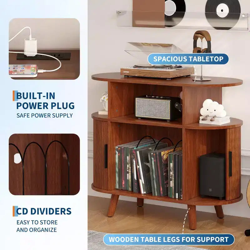 Gabinete estriado de estilo moderno de mediados de siglo de 35'', mueble grande y redondo para tocadiscos con estación de carga y estante de exhibición para la sala de estar