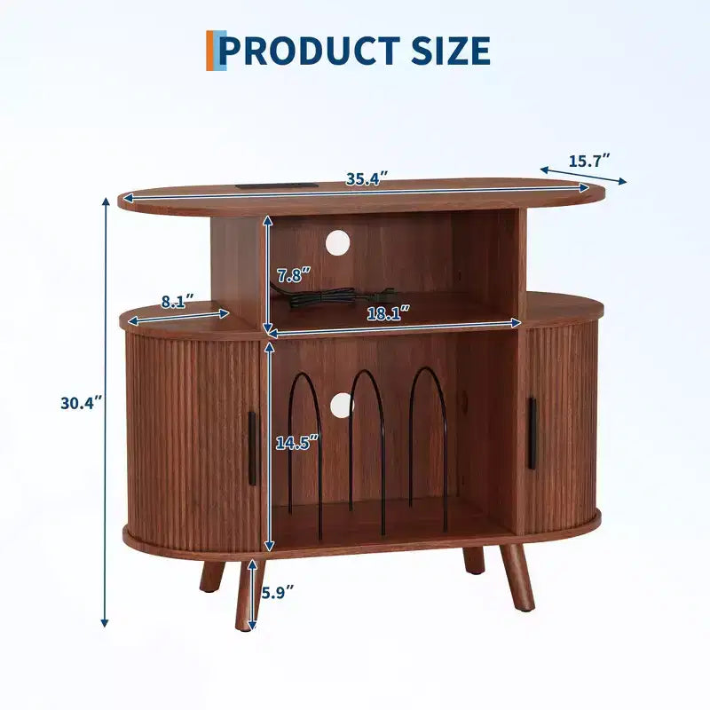 Gabinete estriado de estilo moderno de mediados de siglo de 35'', mueble grande y redondo para tocadiscos con estación de carga y estante de exhibición para la sala de estar