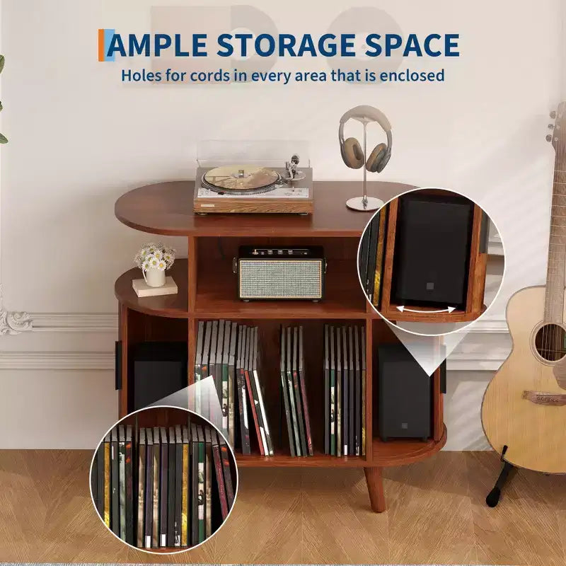 Gabinete estriado de estilo moderno de mediados de siglo de 35'', mueble grande y redondo para tocadiscos con estación de carga y estante de exhibición para la sala de estar