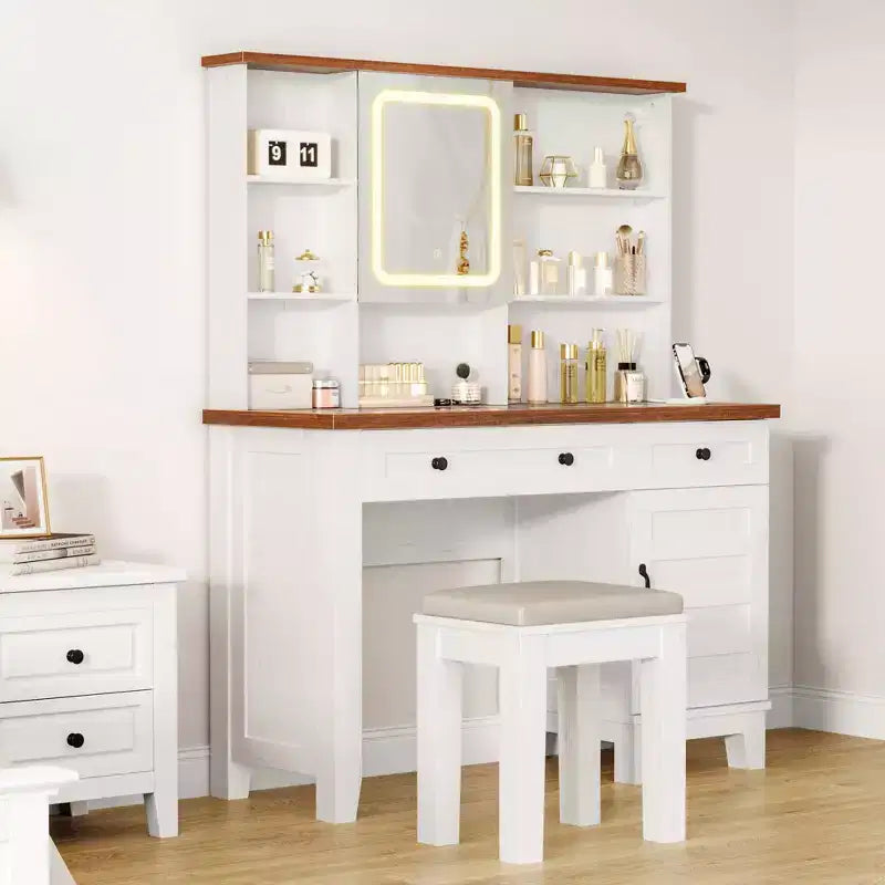 Tocador de maquillaje con espejo, tocador blanco con superficie de vidrio de 42 in, taburete tapizado, cajones, gabinete y estantes abiertos