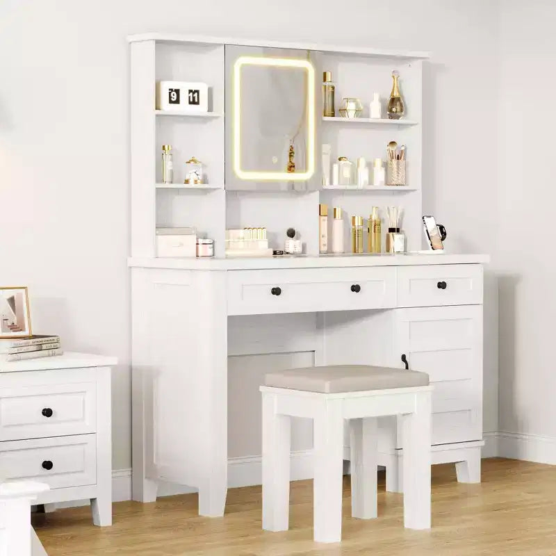 Tocador de maquillaje con espejo, tocador blanco con superficie de vidrio de 42 in, taburete tapizado, cajones, gabinete y estantes abiertos