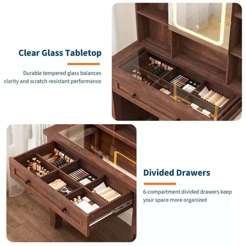 Coiffeuse avec miroir, table de maquillage blanche avec plateau en verre de 42 in, tabouret rembourré, tiroirs, armoire et étagère ouverte