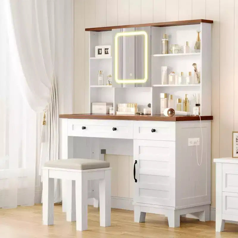 Coiffeuse avec miroir, table de maquillage blanche avec plateau en verre de 42 in, tabouret rembourré, tiroirs, armoire et étagère ouverte