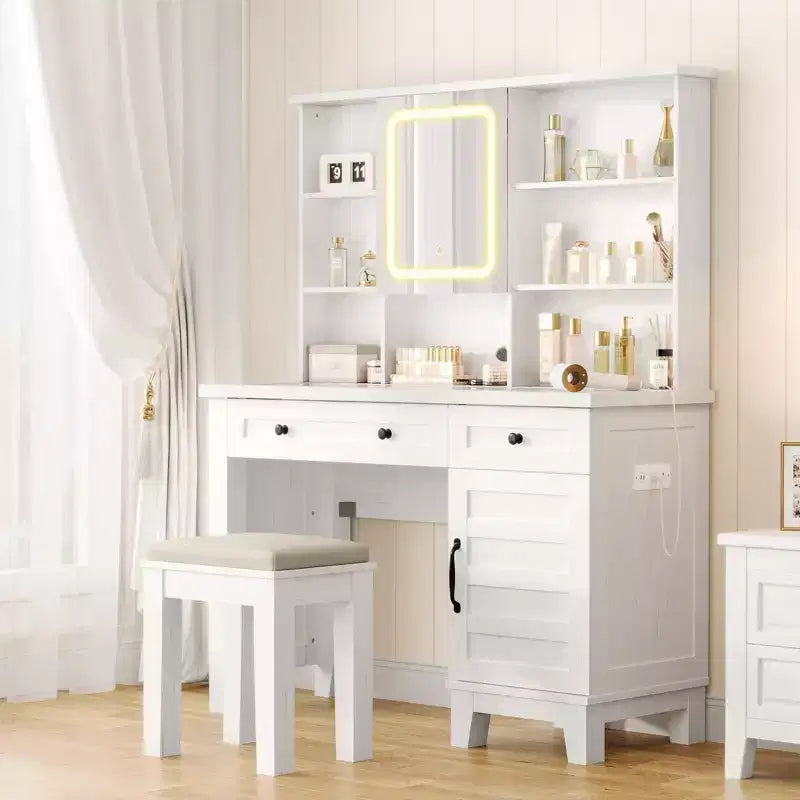 Coiffeuse avec miroir, table de maquillage blanche avec plateau en verre de 42 in, tabouret rembourré, tiroirs, armoire et étagère ouverte