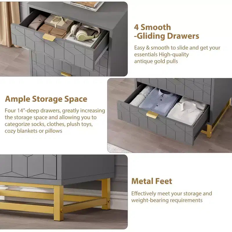 Cómoda para dormitorio, cómoda de madera rosa con 4 cajones y tiradores, almacenamiento moderno para el pasillo o la entrada