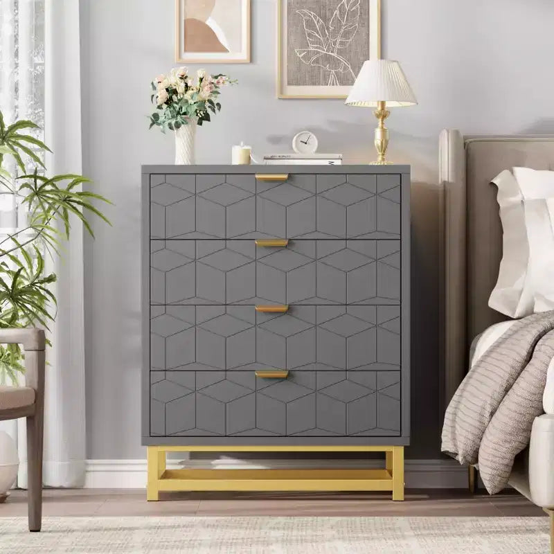 Cómoda para dormitorio, cómoda de madera rosa con 4 cajones y tiradores, almacenamiento moderno para el pasillo o la entrada