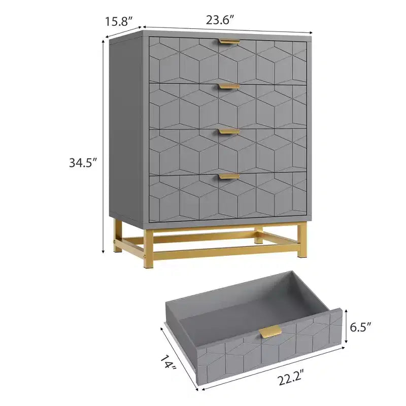 Cómoda para dormitorio, cómoda de madera rosa con 4 cajones y tiradores, almacenamiento moderno para el pasillo o la entrada