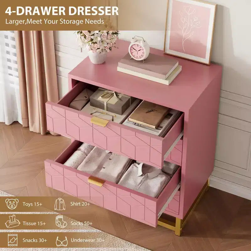 Cómoda para dormitorio, cómoda de madera rosa con 4 cajones y tiradores, almacenamiento moderno para el pasillo o la entrada