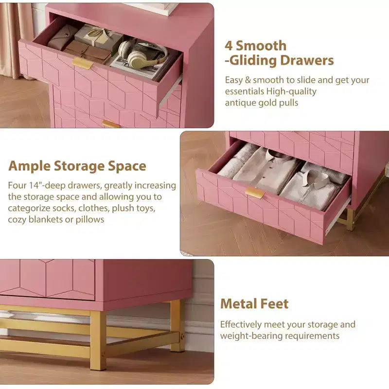 Cómoda para dormitorio, cómoda de madera rosa con 4 cajones y tiradores, almacenamiento moderno para el pasillo o la entrada