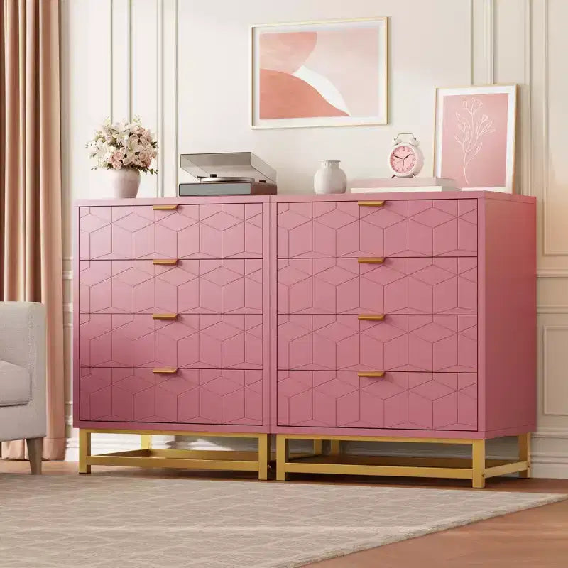 Cómoda para dormitorio, cómoda de madera rosa con 4 cajones y tiradores, almacenamiento moderno para el pasillo o la entrada