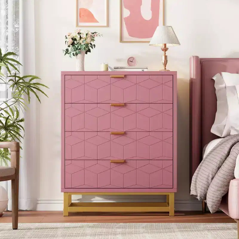 Cómoda para dormitorio, cómoda de madera rosa con 4 cajones y tiradores, almacenamiento moderno para el pasillo o la entrada