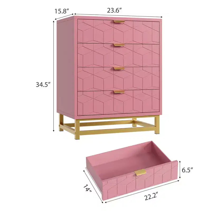 Cómoda para dormitorio, cómoda de madera rosa con 4 cajones y tiradores, almacenamiento moderno para el pasillo o la entrada