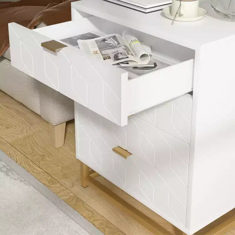 Cómoda para dormitorio, cómoda de madera rosa con 4 cajones y tiradores, almacenamiento moderno para el pasillo o la entrada