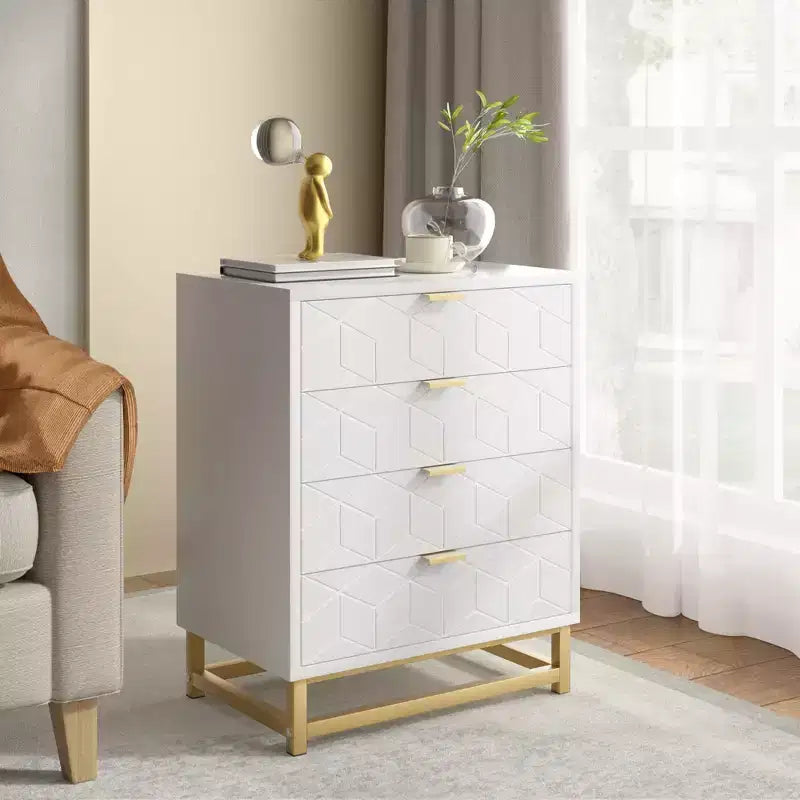 Cómoda para dormitorio, cómoda de madera rosa con 4 cajones y tiradores, almacenamiento moderno para el pasillo o la entrada