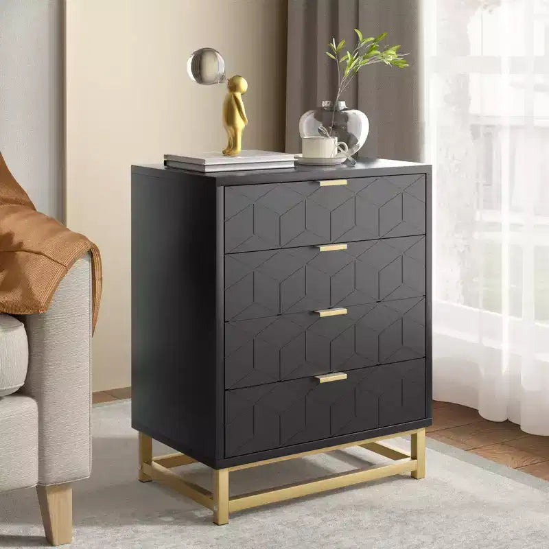 Cómoda para dormitorio, cómoda de madera rosa con 4 cajones y tiradores, almacenamiento moderno para el pasillo o la entrada