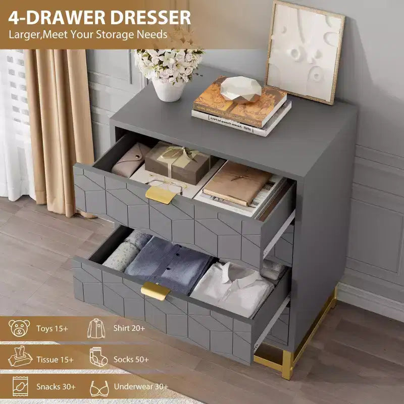 Cómoda para dormitorio, cómoda de madera rosa con 4 cajones y tiradores, almacenamiento moderno para el pasillo o la entrada