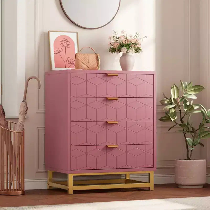 Commode pour chambre à coucher, commode en bois rose à 4 tiroirs avec poignées, rangement moderne pour couloir et entrée