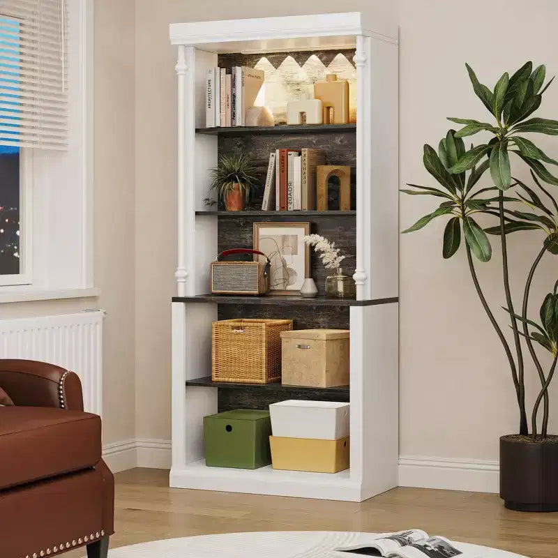 Weißes Bücherregal mit verstellbaren Regalböden, 5-stufiger Vitrinenschrank mit LED-Beleuchtung