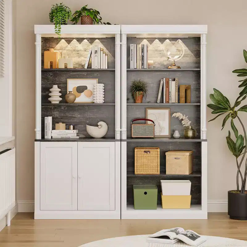 Weißes Bücherregal mit verstellbaren Regalböden, 5-stufiger Vitrinenschrank mit LED-Beleuchtung