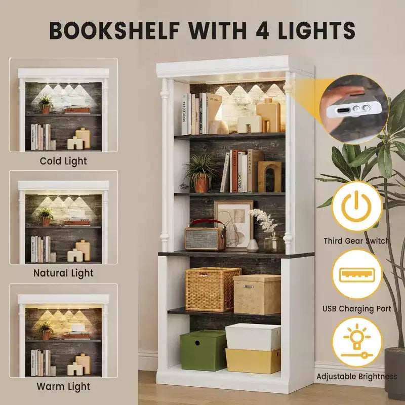Librero blanco con estantes ajustables, vitrina de 5 niveles con luz LED