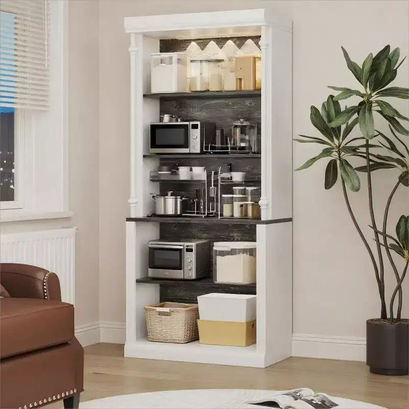 Librero blanco con estantes ajustables, vitrina de 5 niveles con luz LED