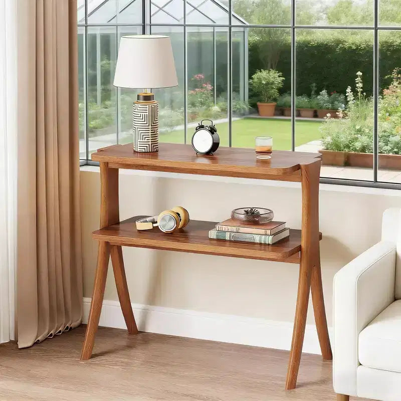 Mesa auxiliar de madera, estilo granja, con estante de almacenamiento de 2 niveles