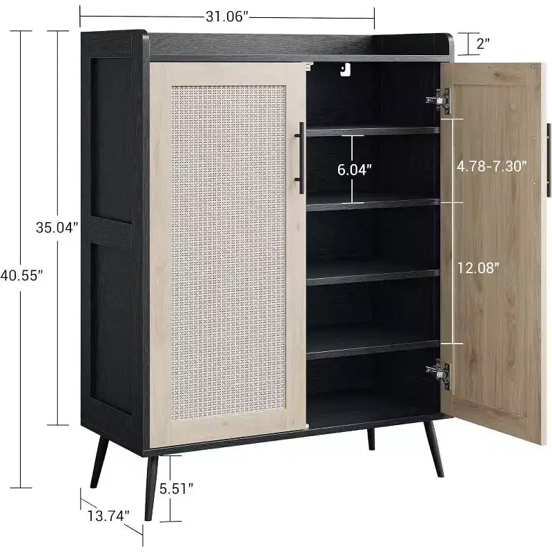 Meuble à chaussures en rotin à 5 niveaux, avec pieds en métal renforcés, rangement à chaussures de style maison de campagne pour l’entrée, le couloir ou le salon, noir