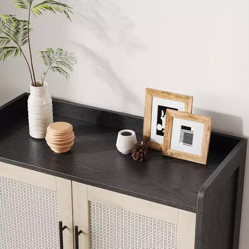 Rattan-Schuhschrank, 5-stufiger Schuhschrank mit robusten Metallbeinen, Schuhregal im Landhausstil für Eingangsbereich, Flur oder Wohnzimmer, Schwarz