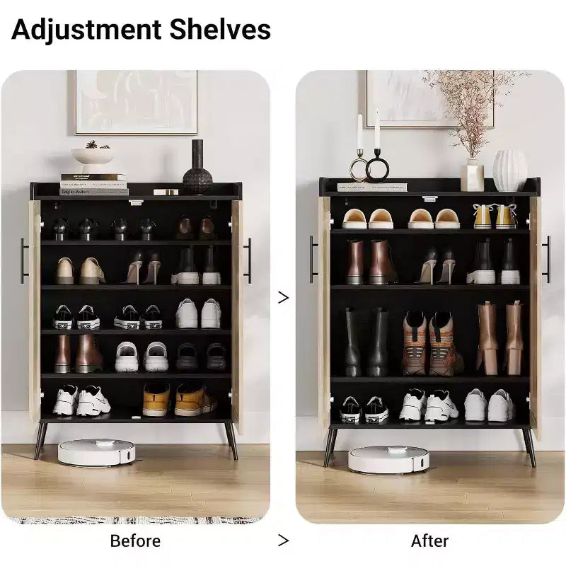 Rattan-Schuhschrank, 5-stufiger Schuhschrank mit robusten Metallbeinen, Schuhregal im Landhausstil für Eingangsbereich, Flur oder Wohnzimmer, Schwarz