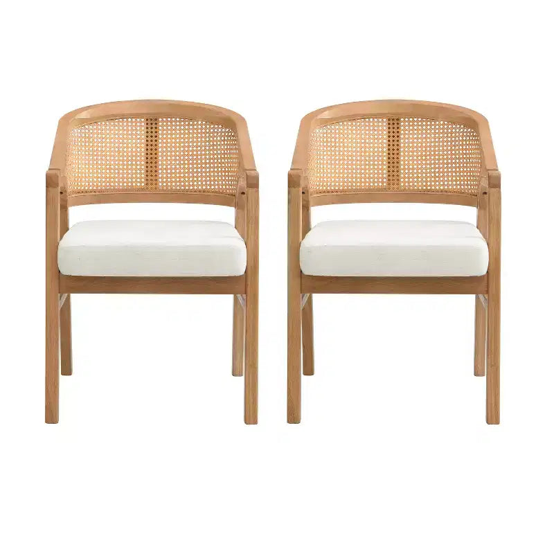 Chaise de salle à manger rembourrée en bois d’hévéa, avec dossier incurvé au motif cannage (lot de 2)