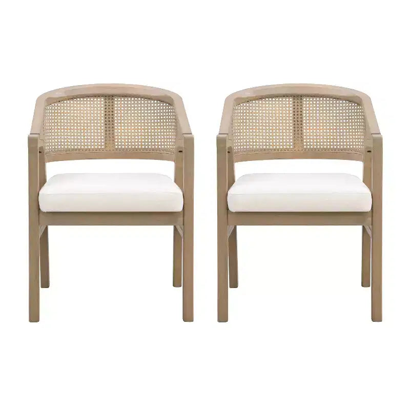 Chaise de salle à manger rembourrée en bois d’hévéa, avec dossier incurvé au motif cannage (lot de 2)