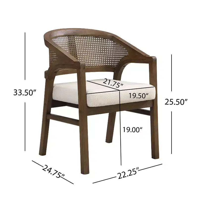 Chaise de salle à manger rembourrée en bois d’hévéa, avec dossier incurvé au motif cannage (lot de 2)