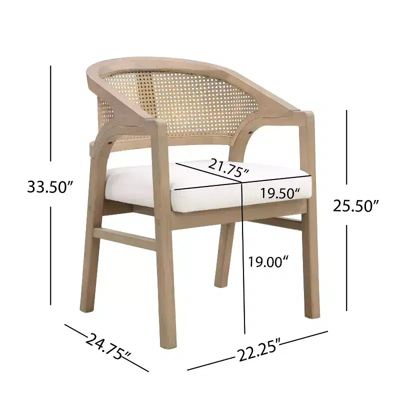 Chaise de salle à manger rembourrée en bois d’hévéa, avec dossier incurvé au motif cannage (lot de 2)