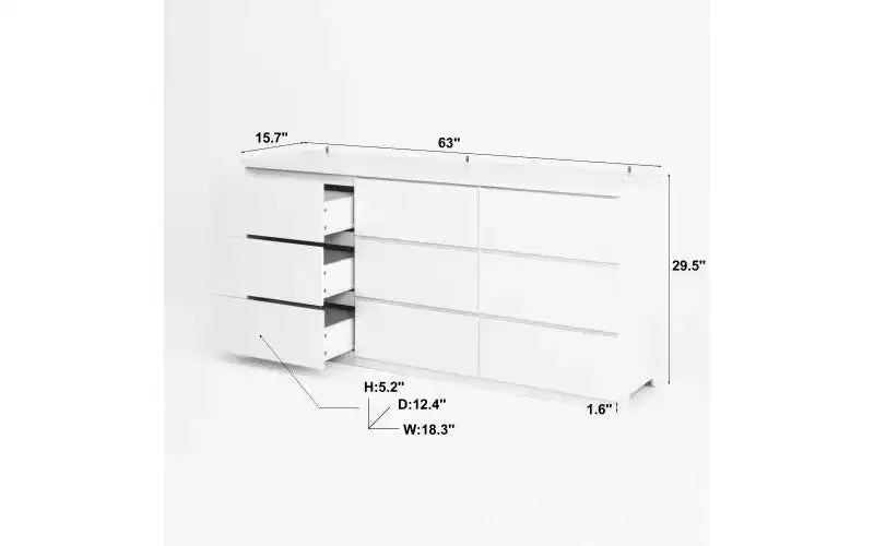 Grand meuble moderne de 63 pouces sans poignées à neuf tiroirs ; meuble de rangement en bois, adapté au salon ou à la chambre, blanc