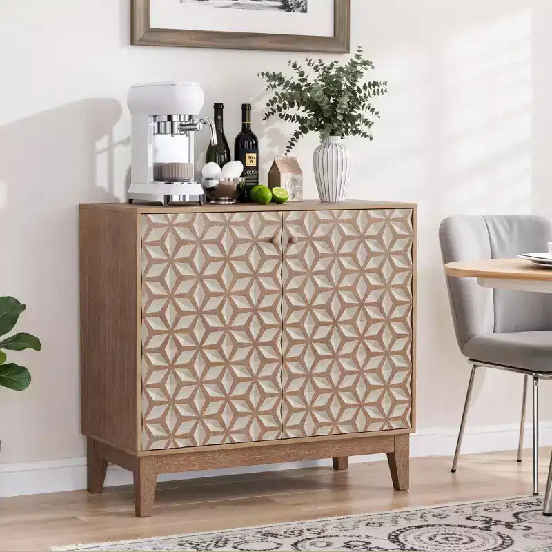 Buffet au design géométrique de 31,5 avec 2 portes et des étagères réglables pour le salon, la cuisine ou la salle à manger, beige