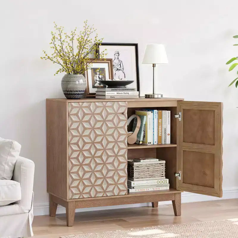 31.5 Aparador de diseño geométrico con 2 puertas y estantes ajustables para la sala de estar, la cocina o el comedor, color beige