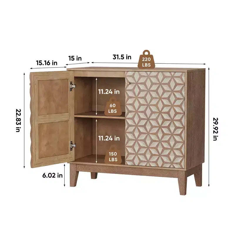 Buffet au design géométrique de 31,5 avec 2 portes et des étagères réglables pour le salon, la cuisine ou la salle à manger, beige