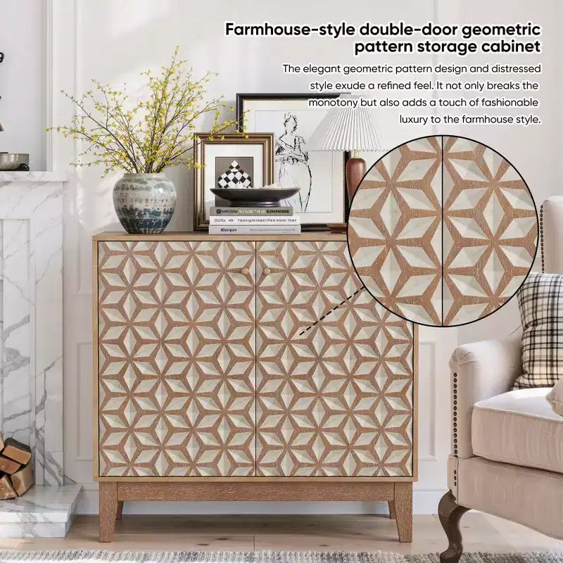 31.5 Aparador de diseño geométrico con 2 puertas y estantes ajustables para la sala de estar, la cocina o el comedor, color beige