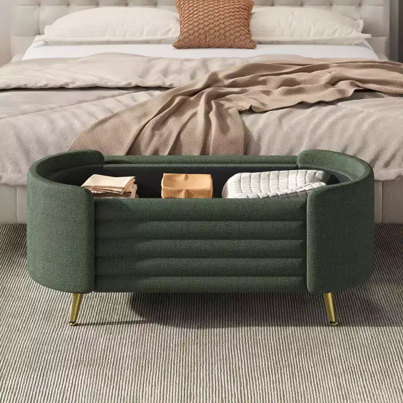 Banc de rangement moderne de 48 pour le pied du lit, avec pieds en métal doré, banc ovale avec rangement pour le salon, la chambre ou l’entrée