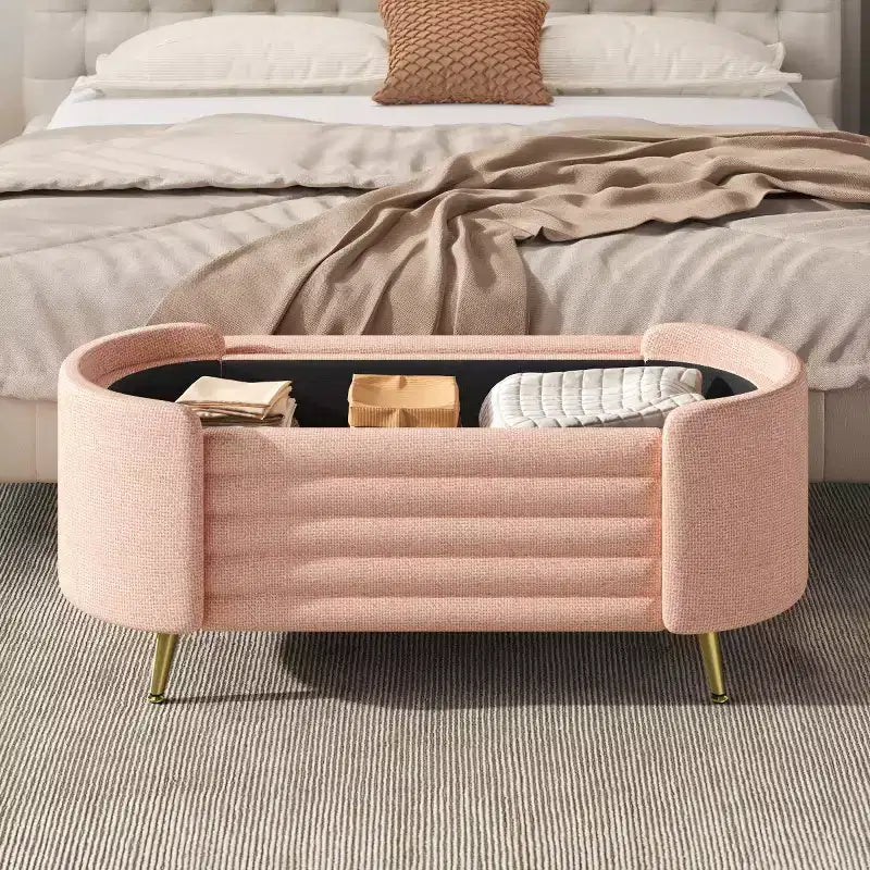 Banc de rangement moderne de 48 pour le pied du lit, avec pieds en métal doré, banc ovale avec rangement pour le salon, la chambre ou l’entrée