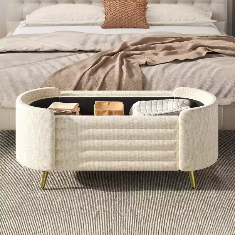 Banc de rangement moderne de 48 pour le pied du lit, avec pieds en métal doré, banc ovale avec rangement pour le salon, la chambre ou l’entrée