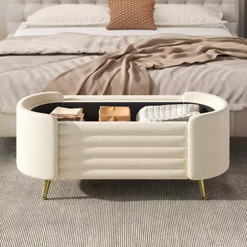 48 moderne Bettbank mit Stauraum und goldenen Metallbeinen, ovale Sitzbank mit Stauraum für Wohnzimmer, Schlafzimmer oder Eingangsbereich