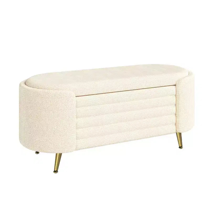 Banc de rangement moderne de 48 pour le pied du lit, avec pieds en métal doré, banc ovale avec rangement pour le salon, la chambre ou l’entrée