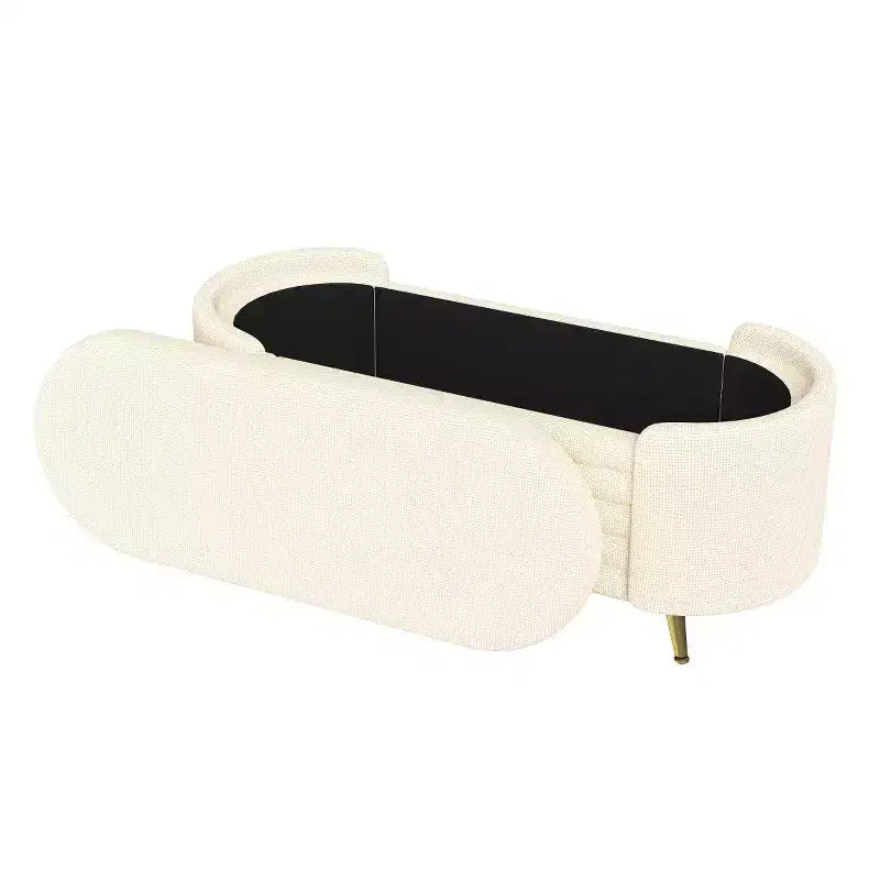 Banc de rangement moderne de 48 pour le pied du lit, avec pieds en métal doré, banc ovale avec rangement pour le salon, la chambre ou l’entrée