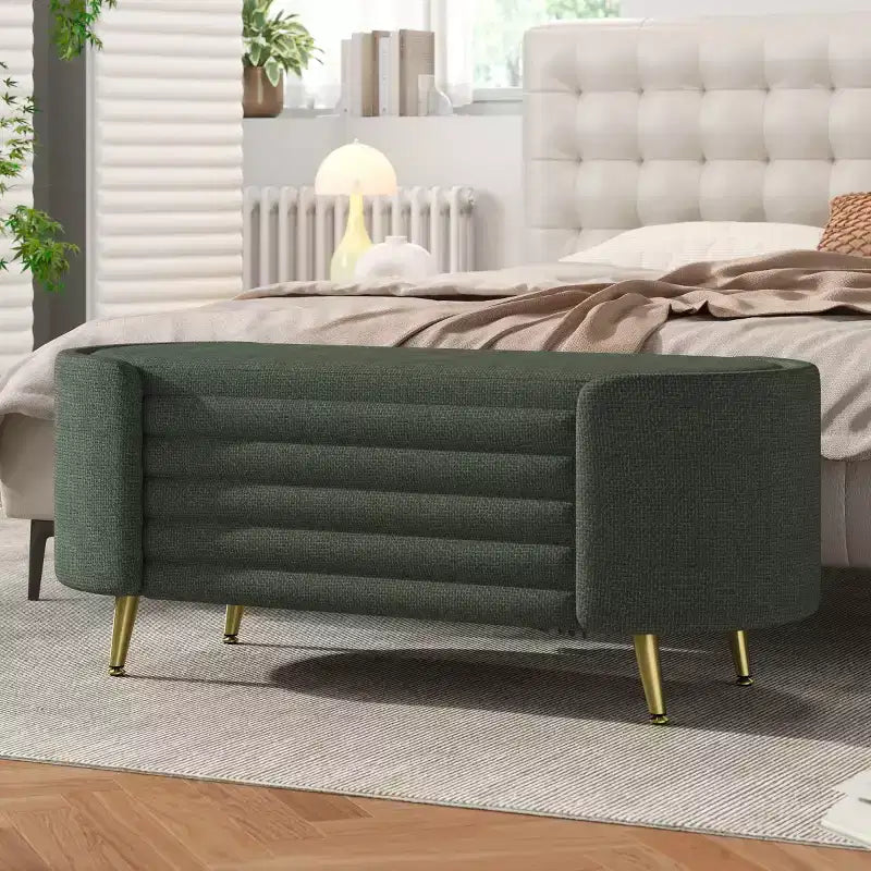 48 moderne Bettbank mit Stauraum und goldenen Metallbeinen, ovale Sitzbank mit Stauraum für Wohnzimmer, Schlafzimmer oder Eingangsbereich