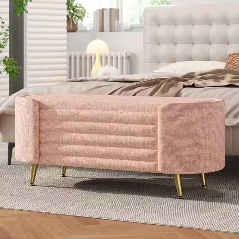48 moderne Bettbank mit Stauraum und goldenen Metallbeinen, ovale Sitzbank mit Stauraum für Wohnzimmer, Schlafzimmer oder Eingangsbereich