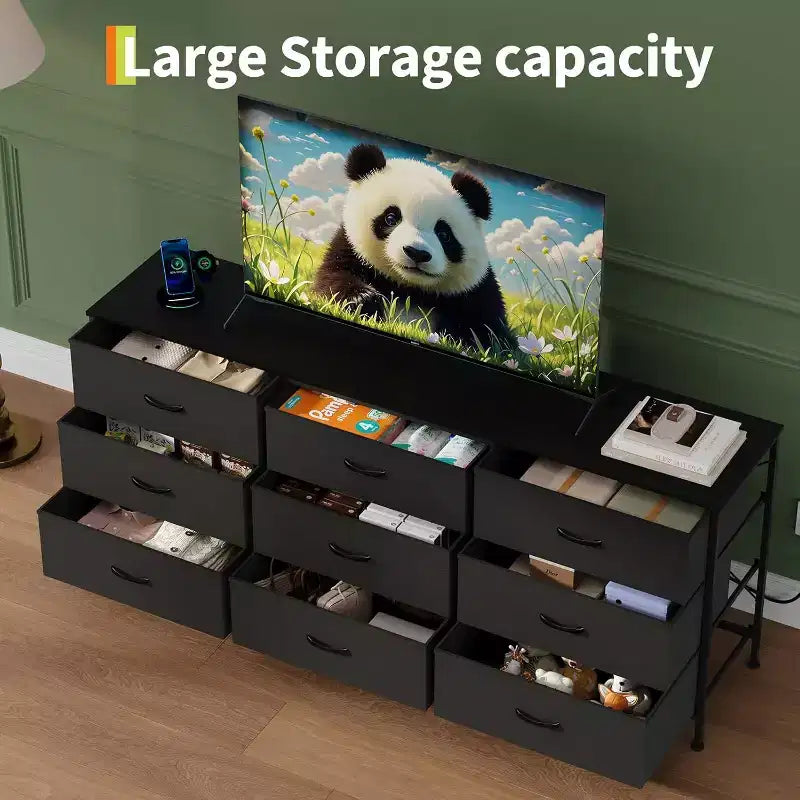 Mueble para TV de 63 con 9 cajones de tela y parte superior de madera, organizador de almacenamiento para equipos multimedia con estructura metálica para dormitorio o sala de estar