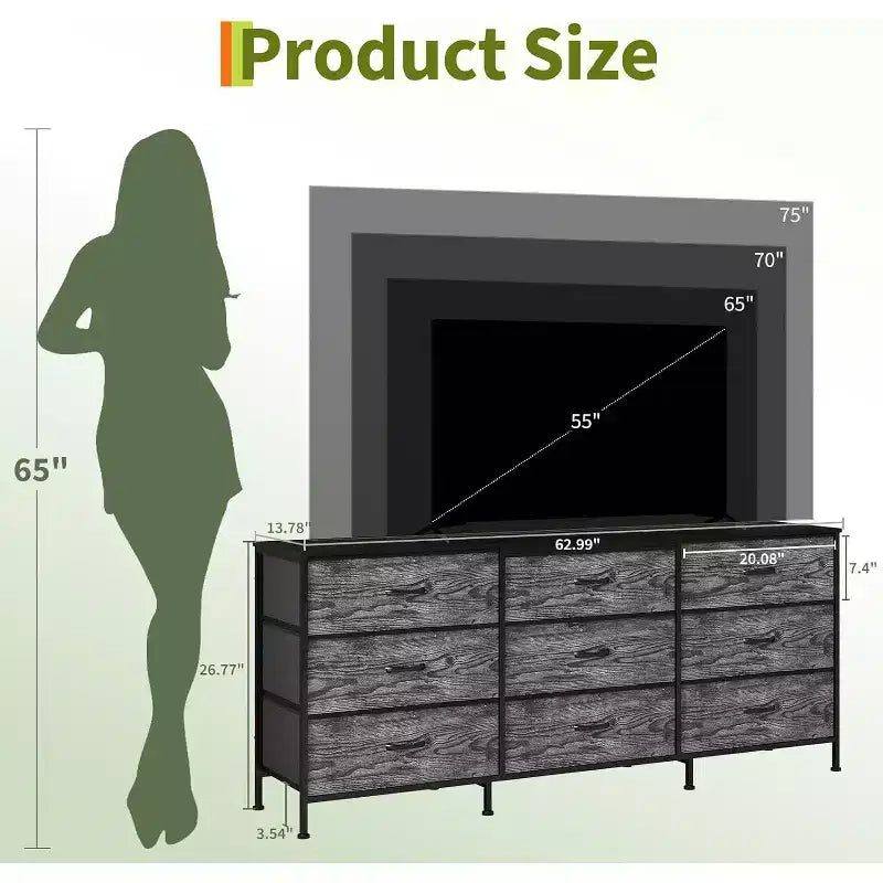 Mueble para TV de 63 con 9 cajones de tela y parte superior de madera, organizador de almacenamiento para equipos multimedia con estructura metálica para dormitorio o sala de estar