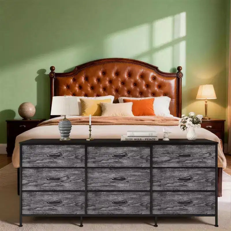 Mueble para TV de 63 con 9 cajones de tela y parte superior de madera, organizador de almacenamiento para equipos multimedia con estructura metálica para dormitorio o sala de estar